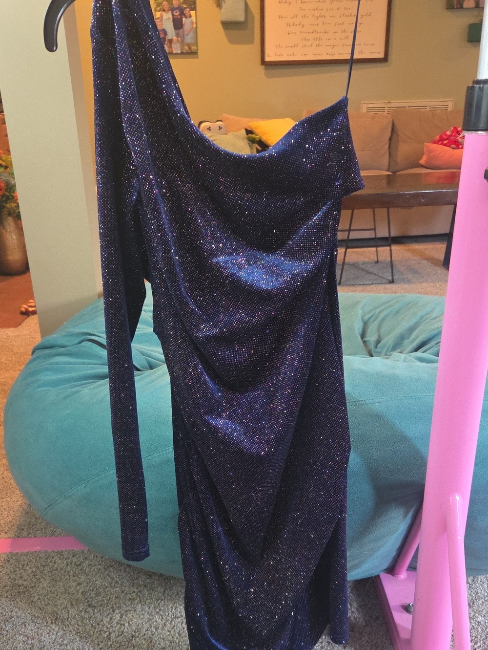 One-Shoulder Sparkle Evening Dress in Navy
